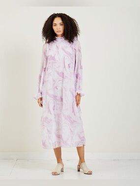 Ganni Lavender Marble-Print High-Neck Midi Dress